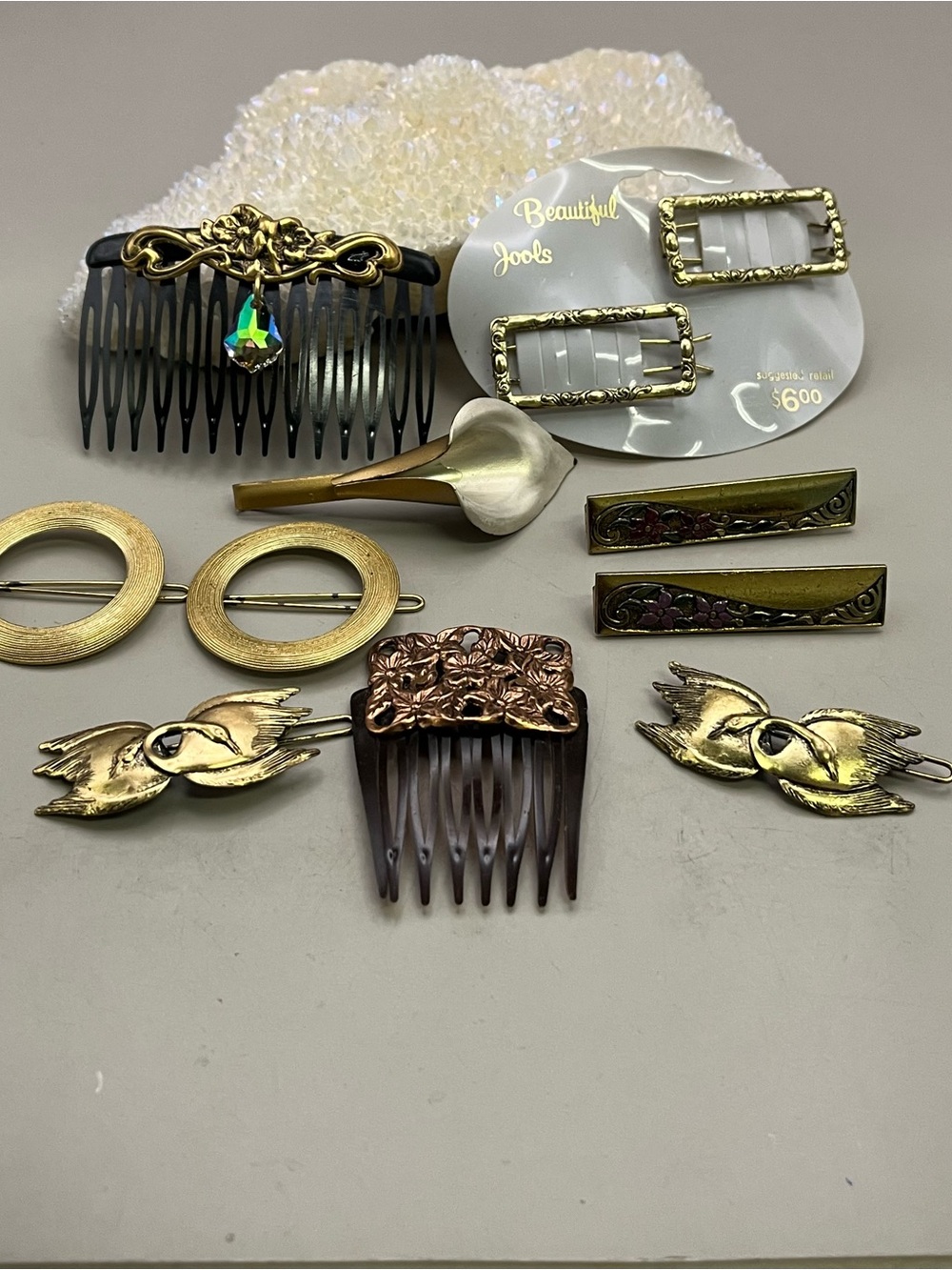 Vintage Hair Accessories Lot 10pc Gold Brass Hair Combs Barrettes Clips Swan
